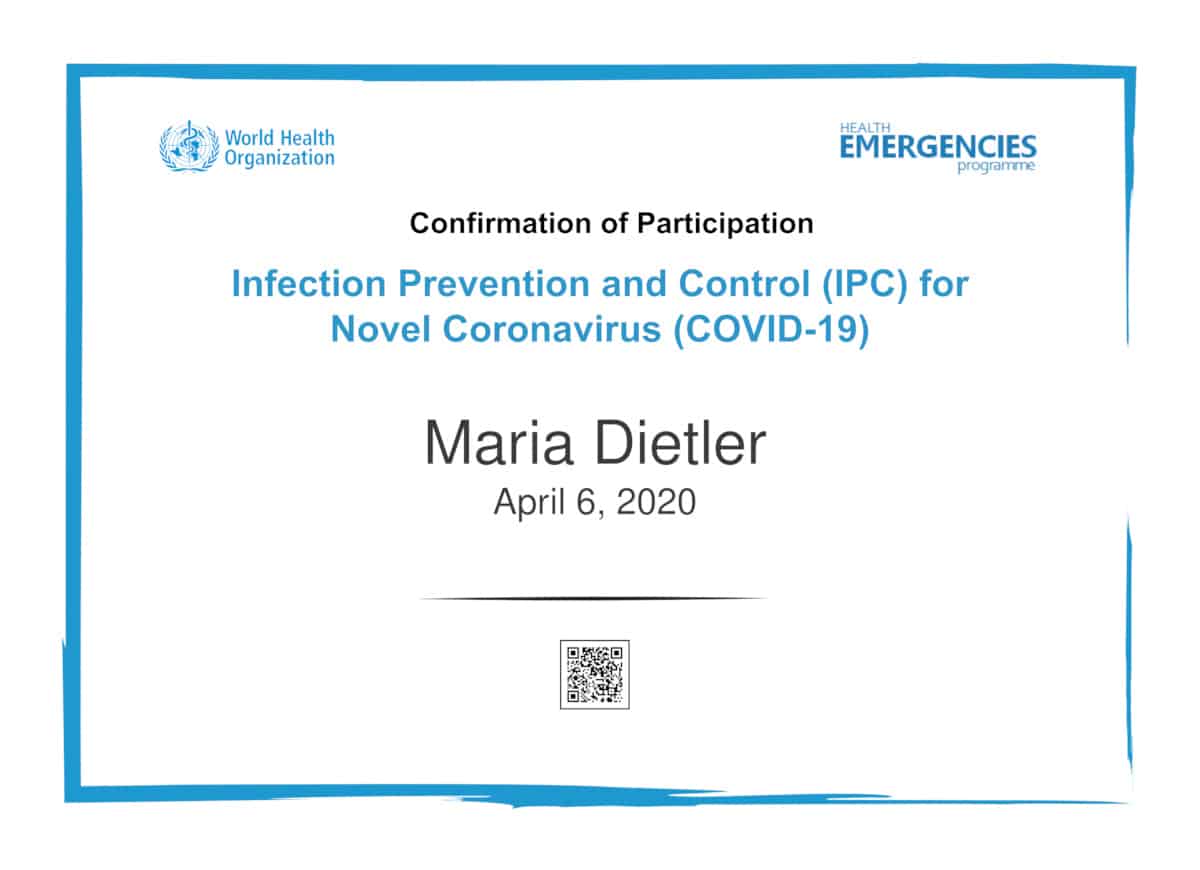 WHO Infection Prevention and Control Certificate Covid-19